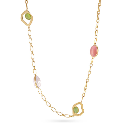 Collier femme acier doré pierres synthétiques multicolores 125cm