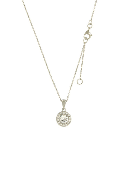 Collier femme argent rhodié pendentif rond zirconia halo