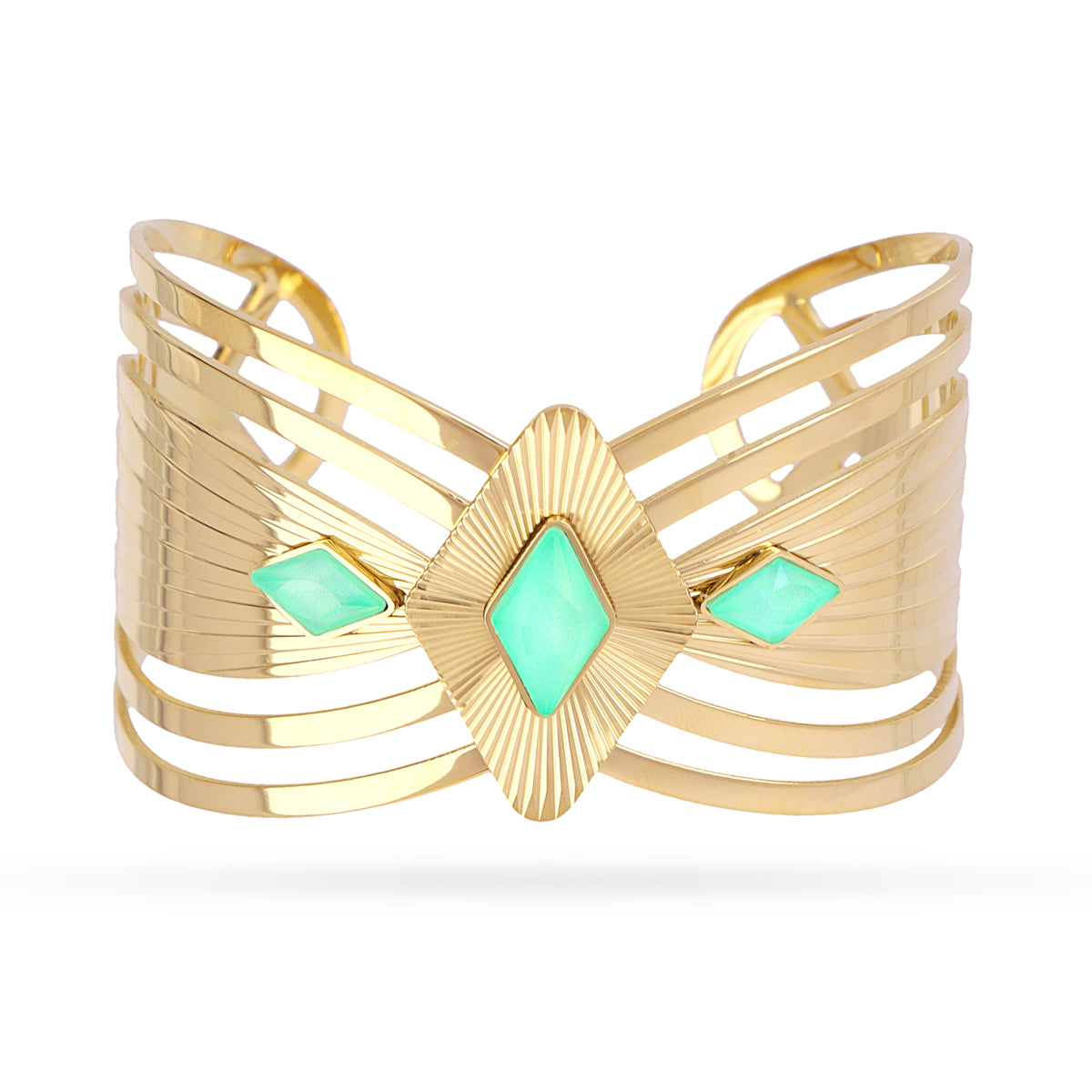 Bracelet manchette femme acier doré pierres vertes