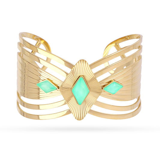 Bracelet manchette femme acier doré pierres vertes