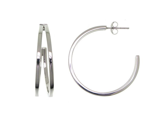 Créoles femme argent rhodié double anneau poli