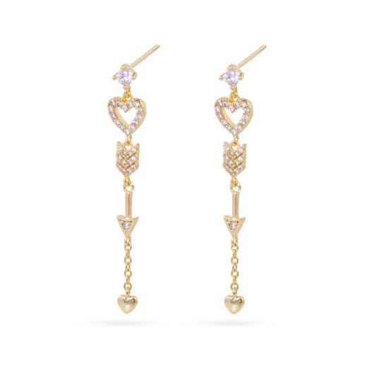 Boucles d'oreilles pendantes femme acier doré cœur flèche zirconia