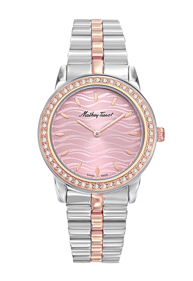Montre femme acier bicolore cadran rose cristaux Swiss Made