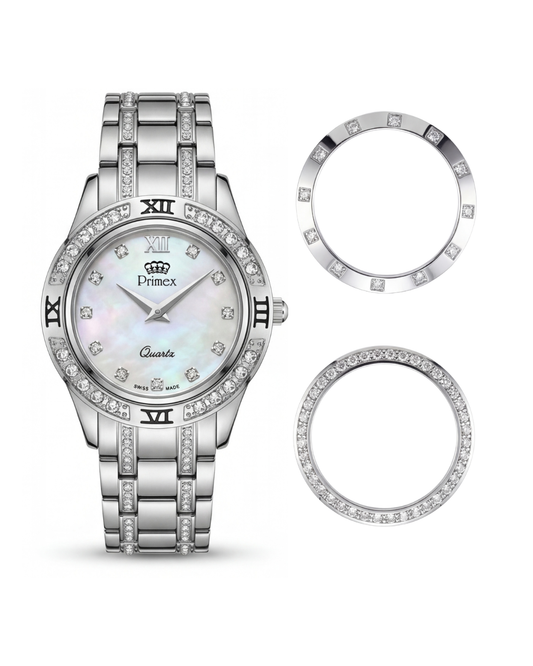 MONTRE DAME SWISS MADE - BRACELET METAL - CADRAN NACRE - 3 LUNETTES INTERCHANGEABLE