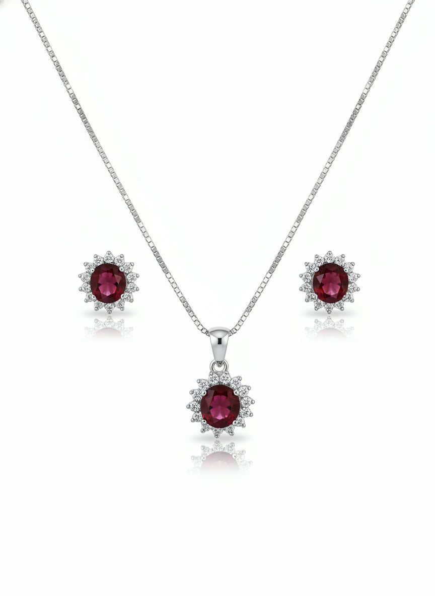 Parure femme argent rhodié rubis synthétique et zirconia