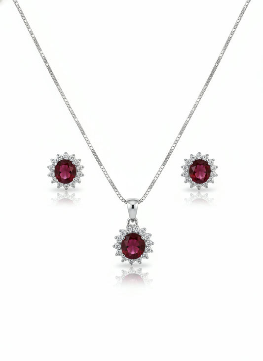 Parure femme argent rhodié rubis synthétique et zirconia