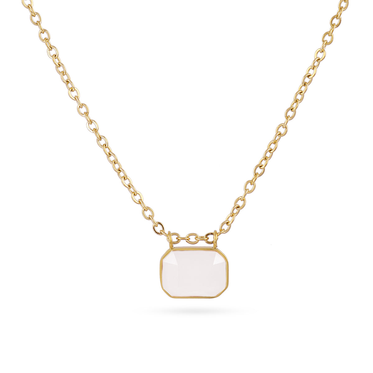 Collier femme acier doré pendentif pierre synthétique blanche