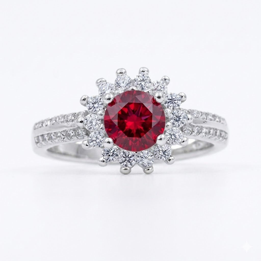 Bague femme argent rhodié rubis synthétique halo zirconia