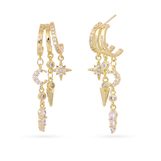 Boucles d'oreilles pendantes femme acier doré lune étoile zirconia