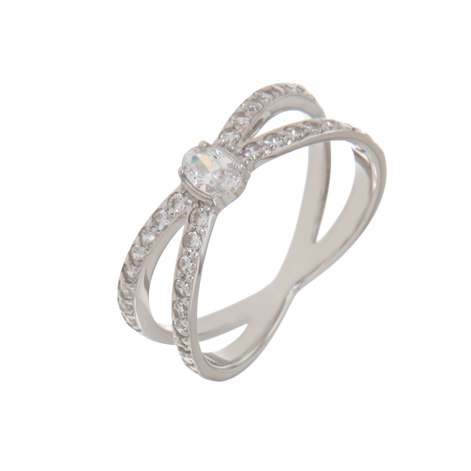 Bague femme argent rhodié croisée zirconia ovale