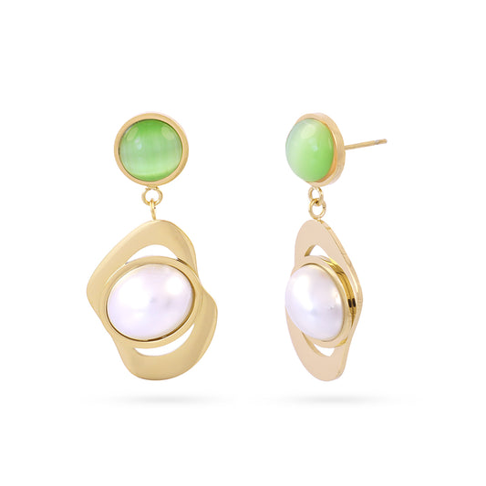 Boucles d'oreilles pendantes femme acier doré perle et pierre verte