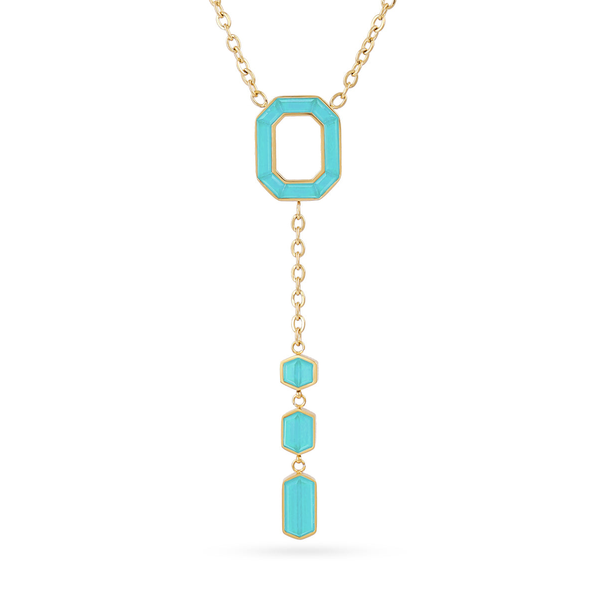 Collier femme acier doré pendentif turquoise géométrique