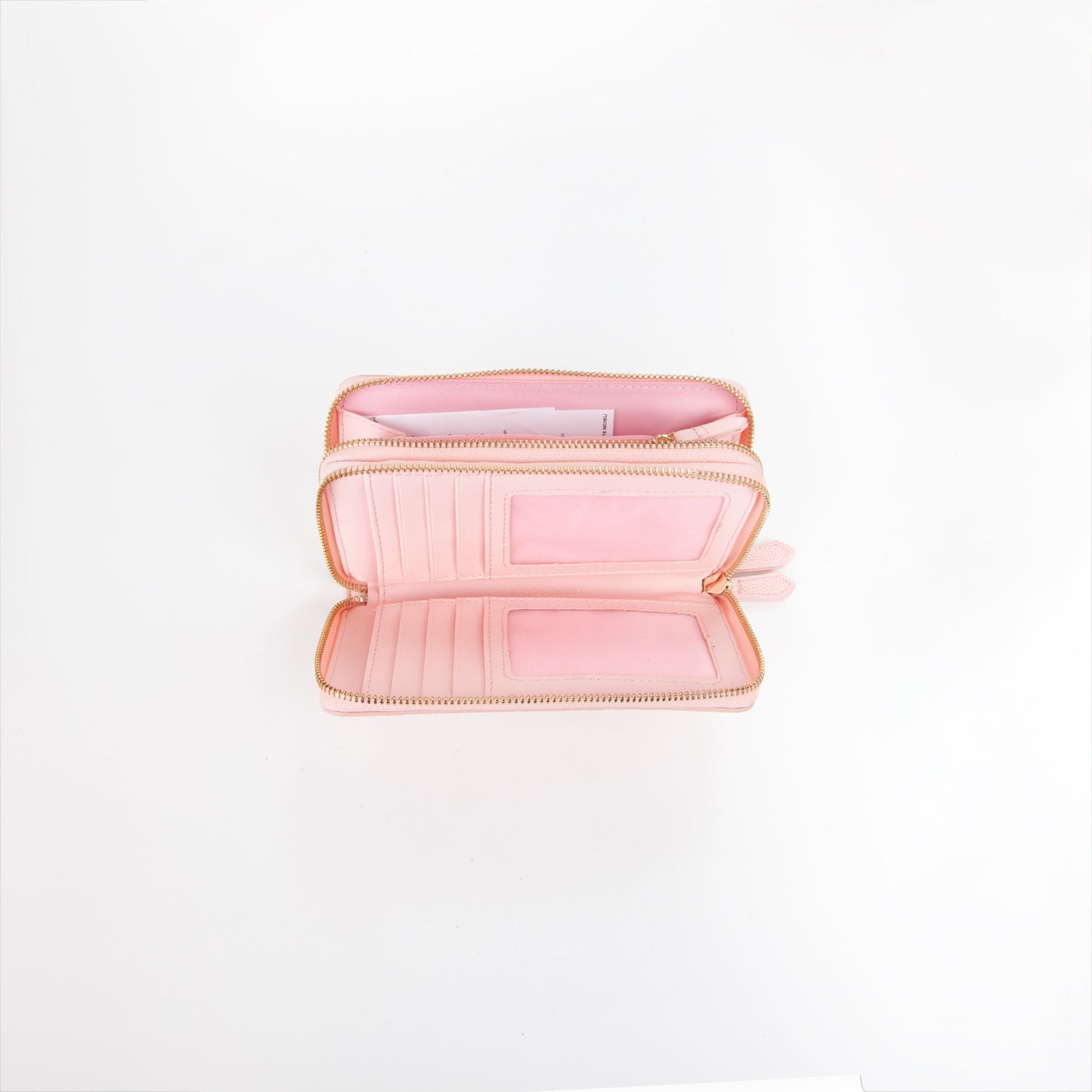 Portefeuille femme zippé grain rose poudré touches dorées