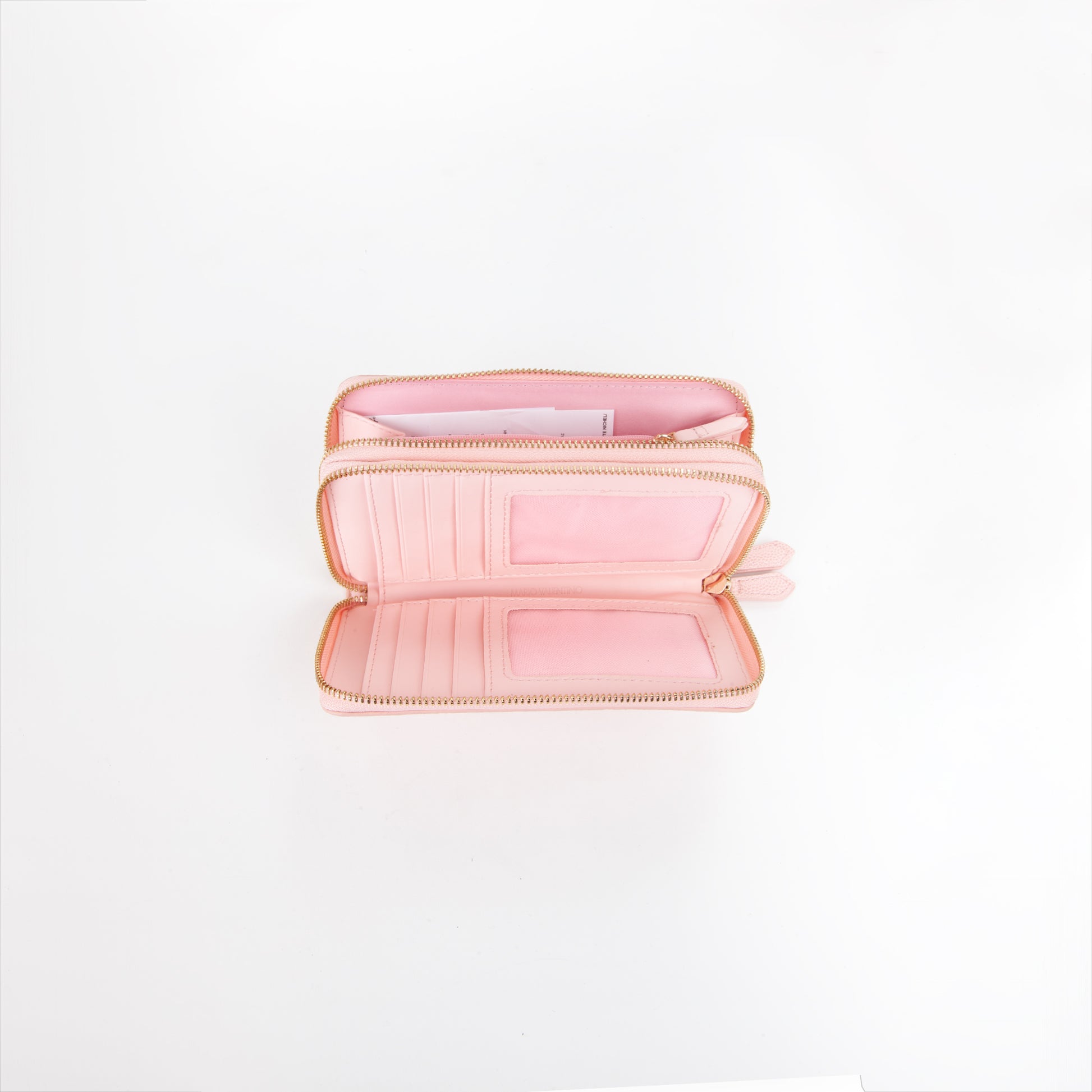 Portefeuille femme zippé grain rose poudré touches dorées