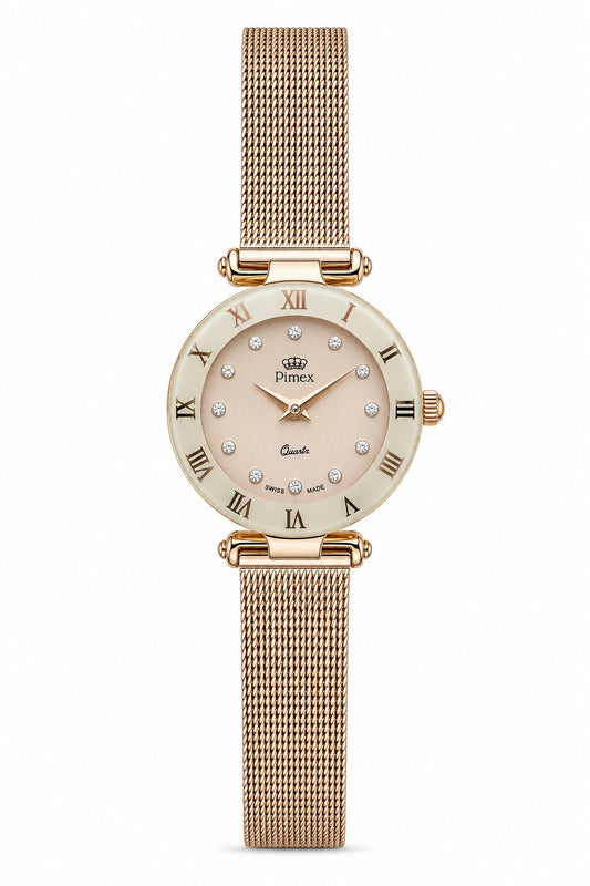 Montre femme dorée rose cadran cristaux Swiss Made