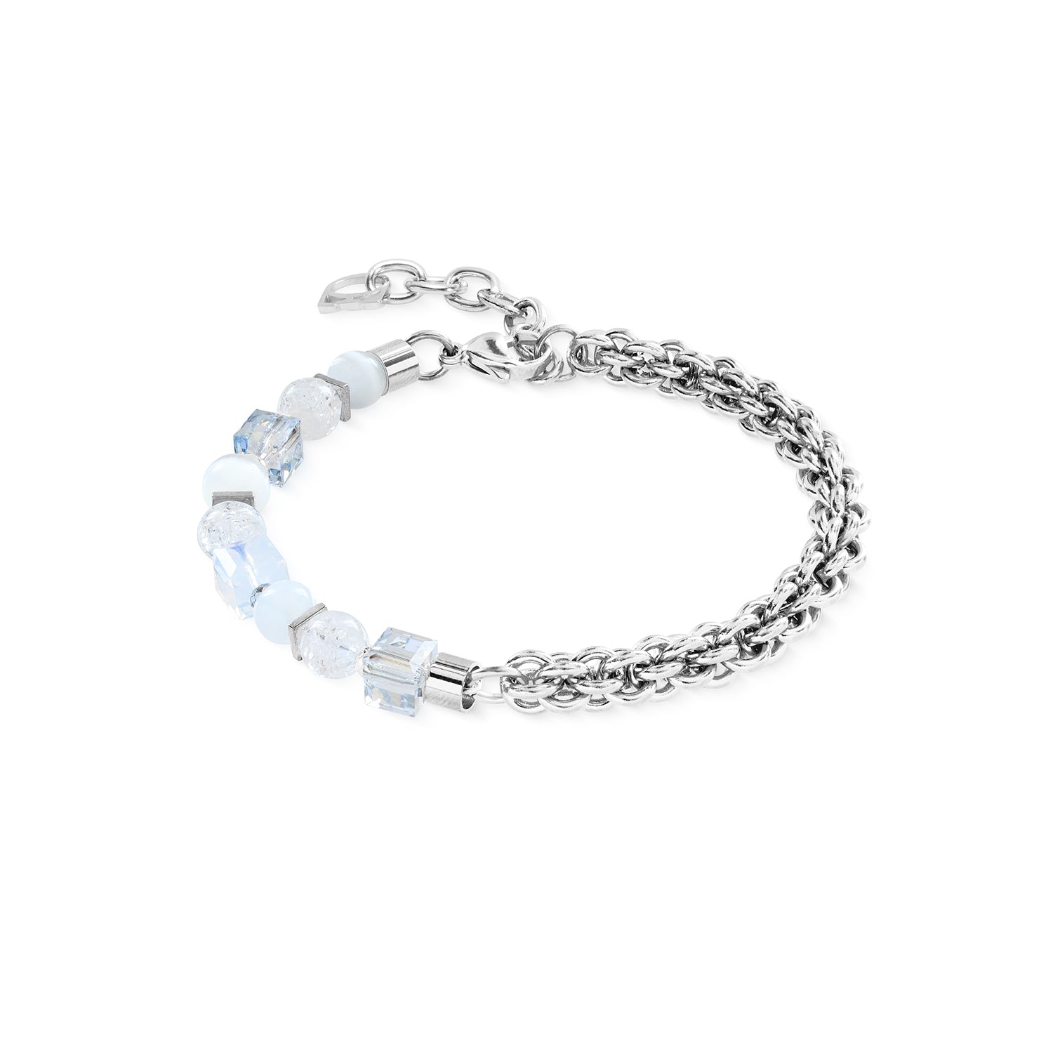 Cristal de roche, œil de tigre synthétique, hématite avec finition à l'oxyde de titane, acier inoxydable