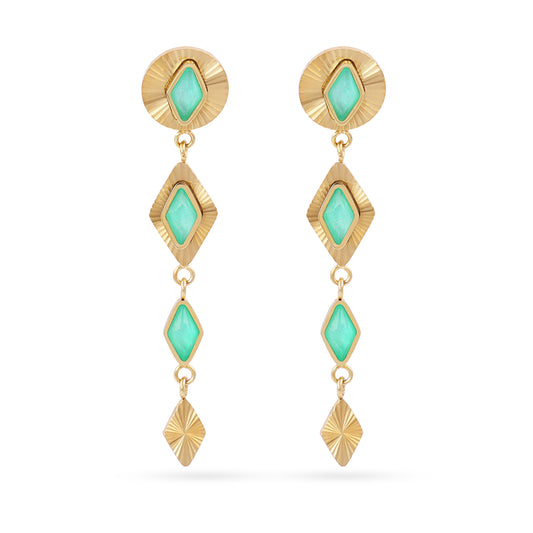 Boucles d'oreilles pendantes femme acier doré pierres vertes