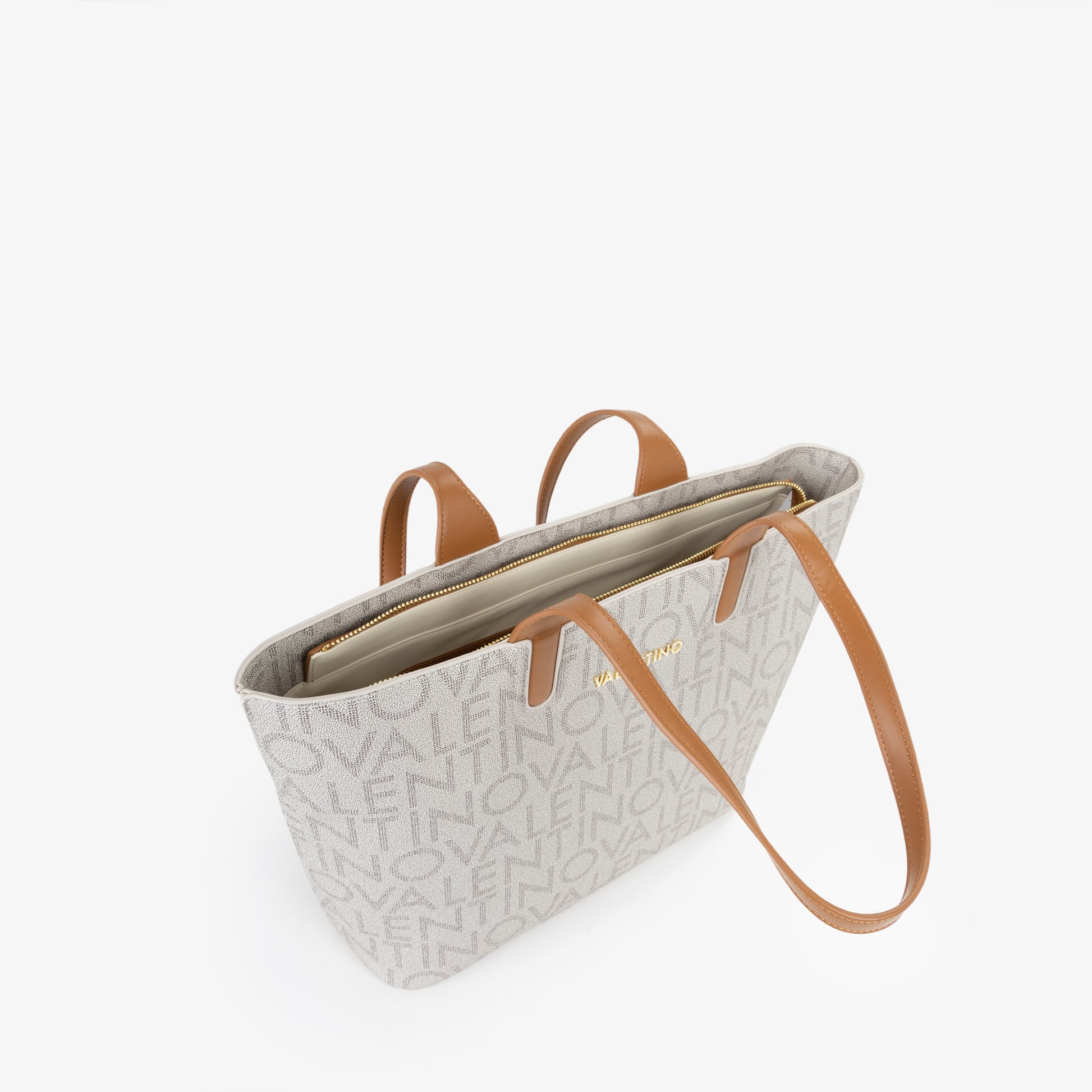 Sac cabas femme toile monogrammée beige anses camel