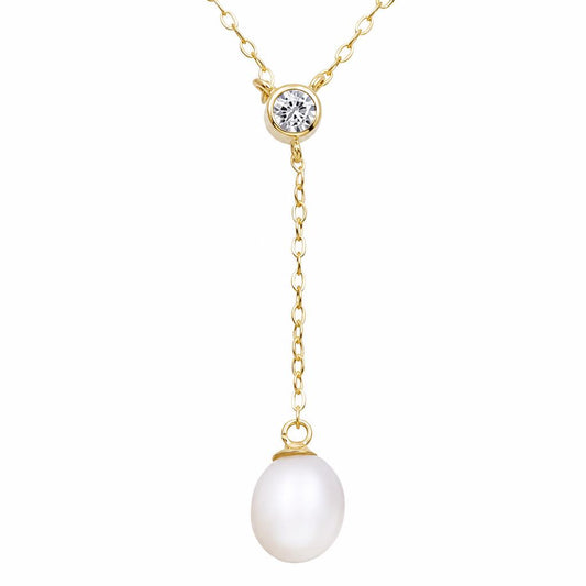 Collier femme or jaune 9 carats zirkonia et perle de culture