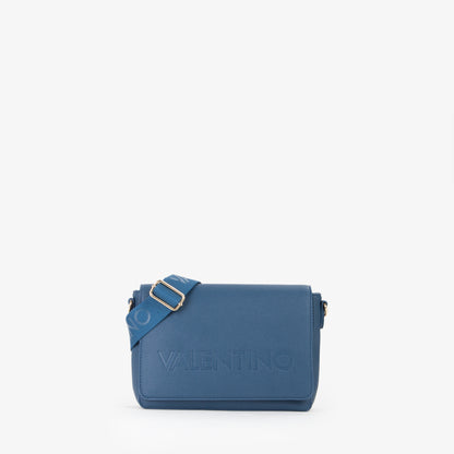 Sac bandoulière femme bleu cuir grainé logo embossé