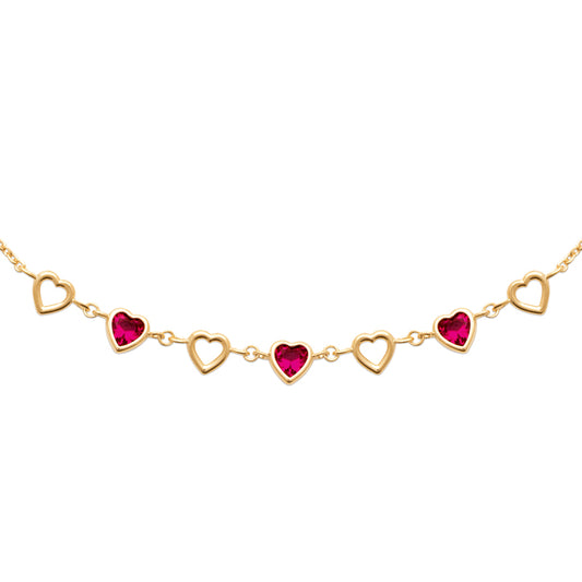 Collier femme plaqué or jaune cœurs zirconia rouge