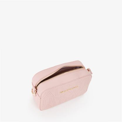 Sac bandoulière femme rose poudré embossé logo caméra