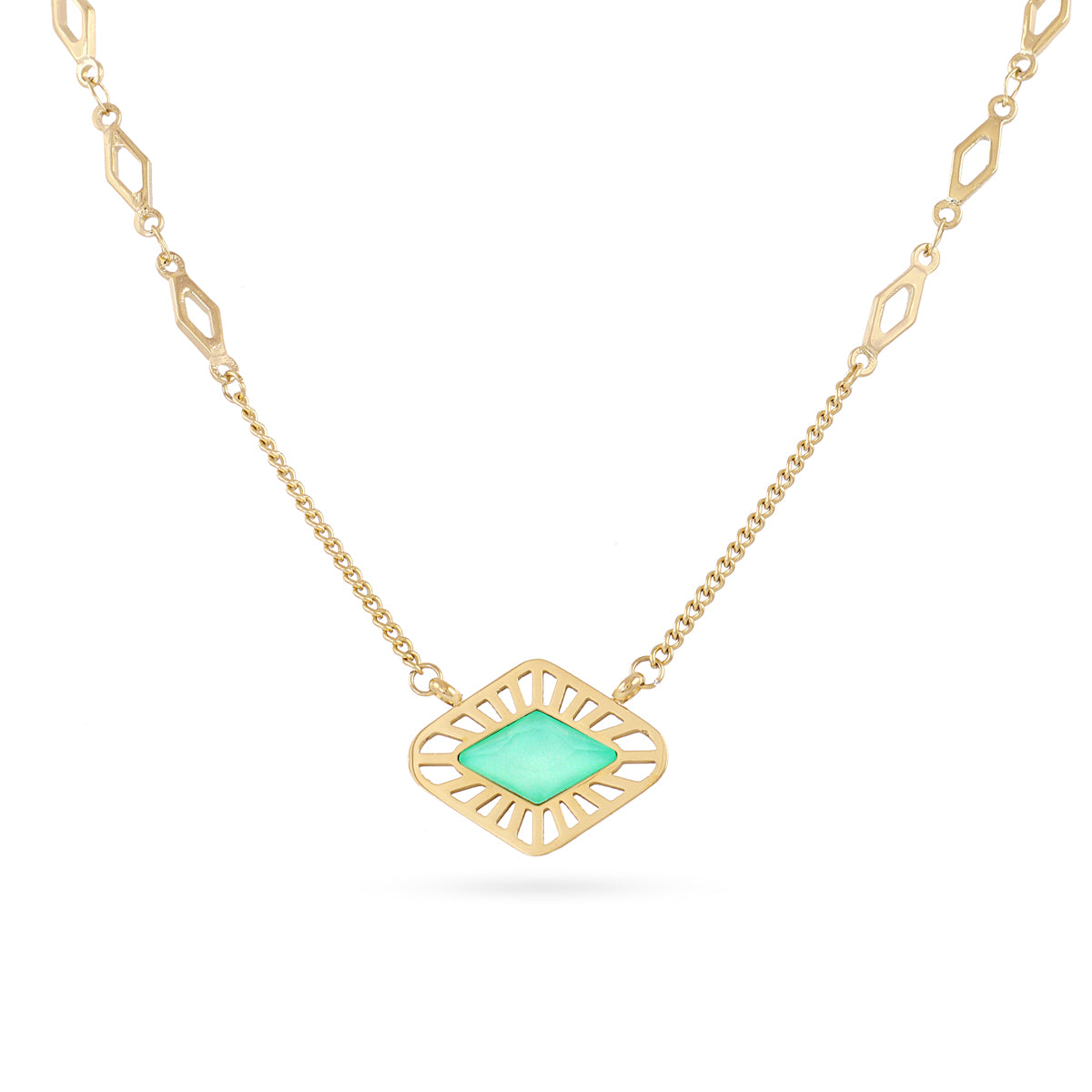 COLLIER - ACIER DORE - PIERRES SYNTHETIQUES VERTE