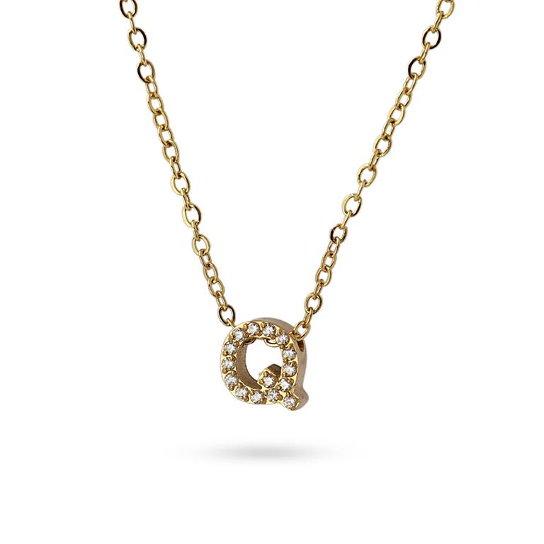 Collier femme acier jaune lettre Q zirconia 38 cm