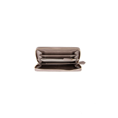 Portefeuille femme zippé grainé taupe touches dorées