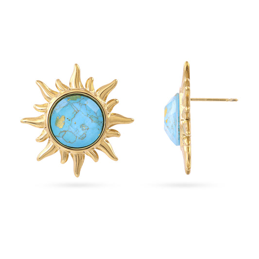 Boucles d'oreilles femme acier doré soleil pierre turquoise