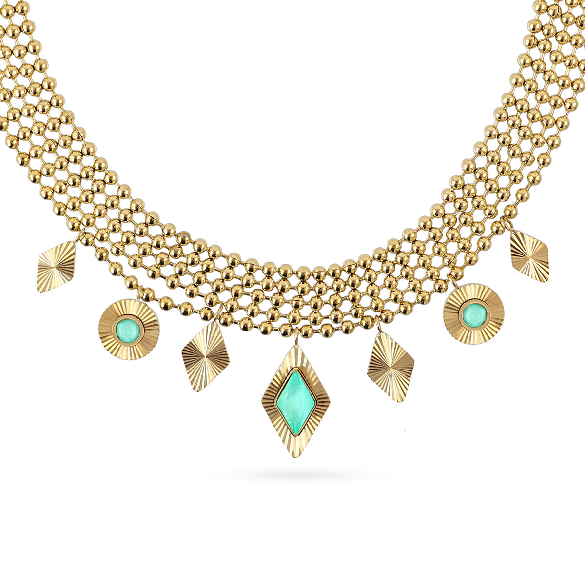 Collier femme acier doré mailles boules pendentifs turquoise
