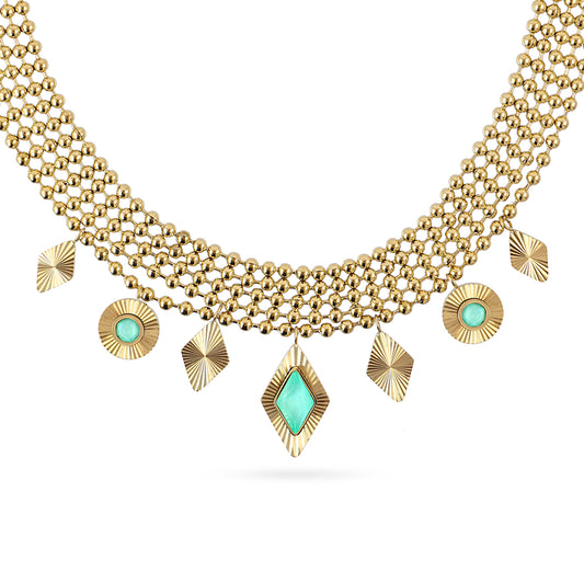 Collier femme acier doré mailles boules pendentifs turquoise