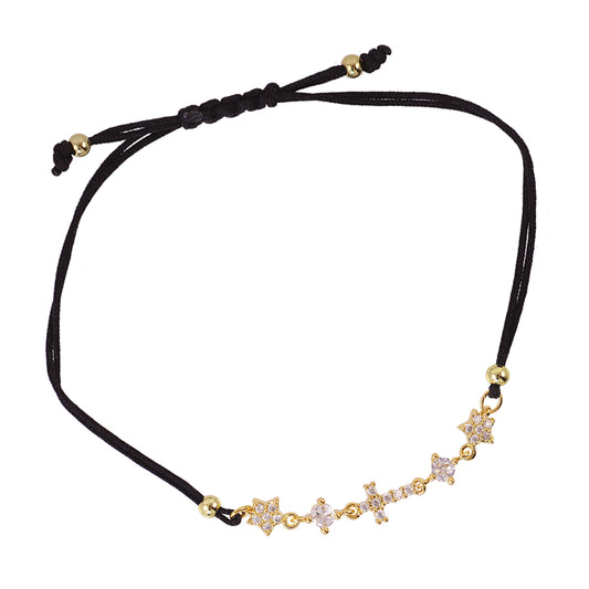 Bracelet femme acier doré étoiles zirconia cordon noir