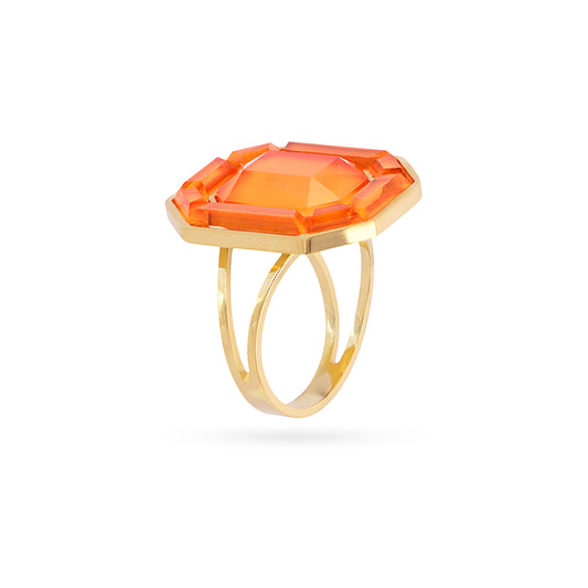 Bague femme acier doré pierre synthétique orange ajustable