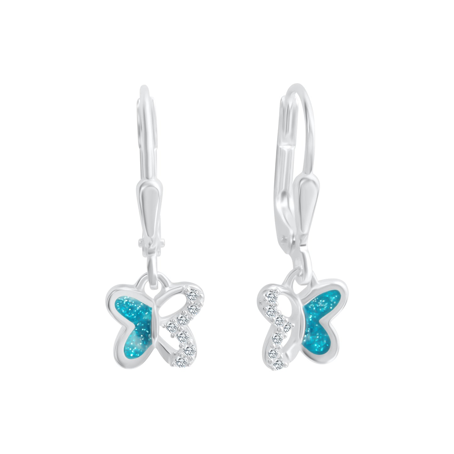 Boucles d'oreilles enfant argent papillon laque bleue zirconia