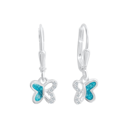Boucles d'oreilles enfant argent papillon laque bleue zirconia