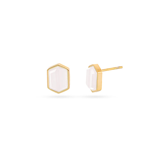 Clous d'oreilles femme acier doré pierre hexagonale blanche