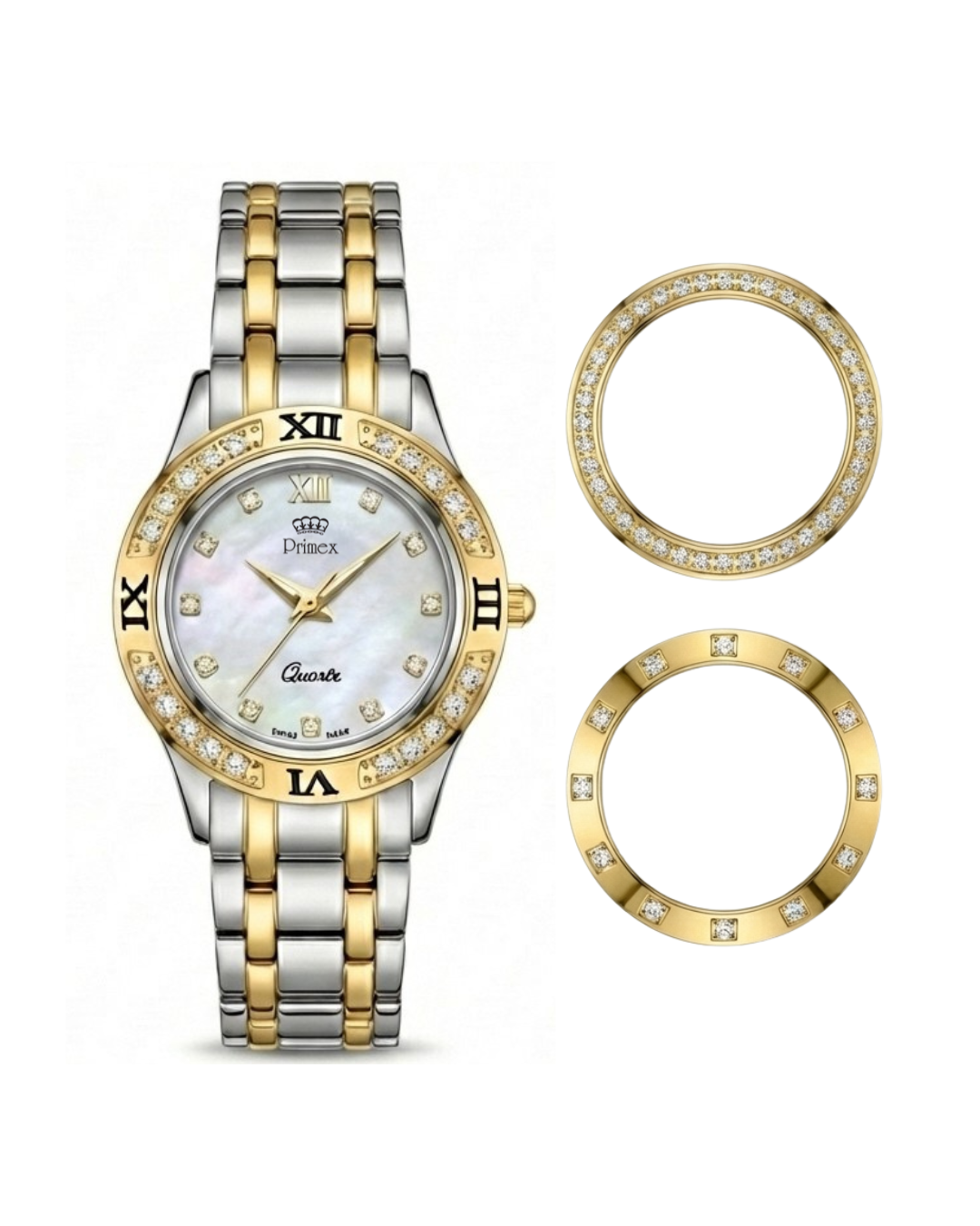 MONTRE DAME SWISS MADE - BRACELET METAL BICOLORE - CADRAN NACRE - 3 LUNETTES INTERCHANGEABLE