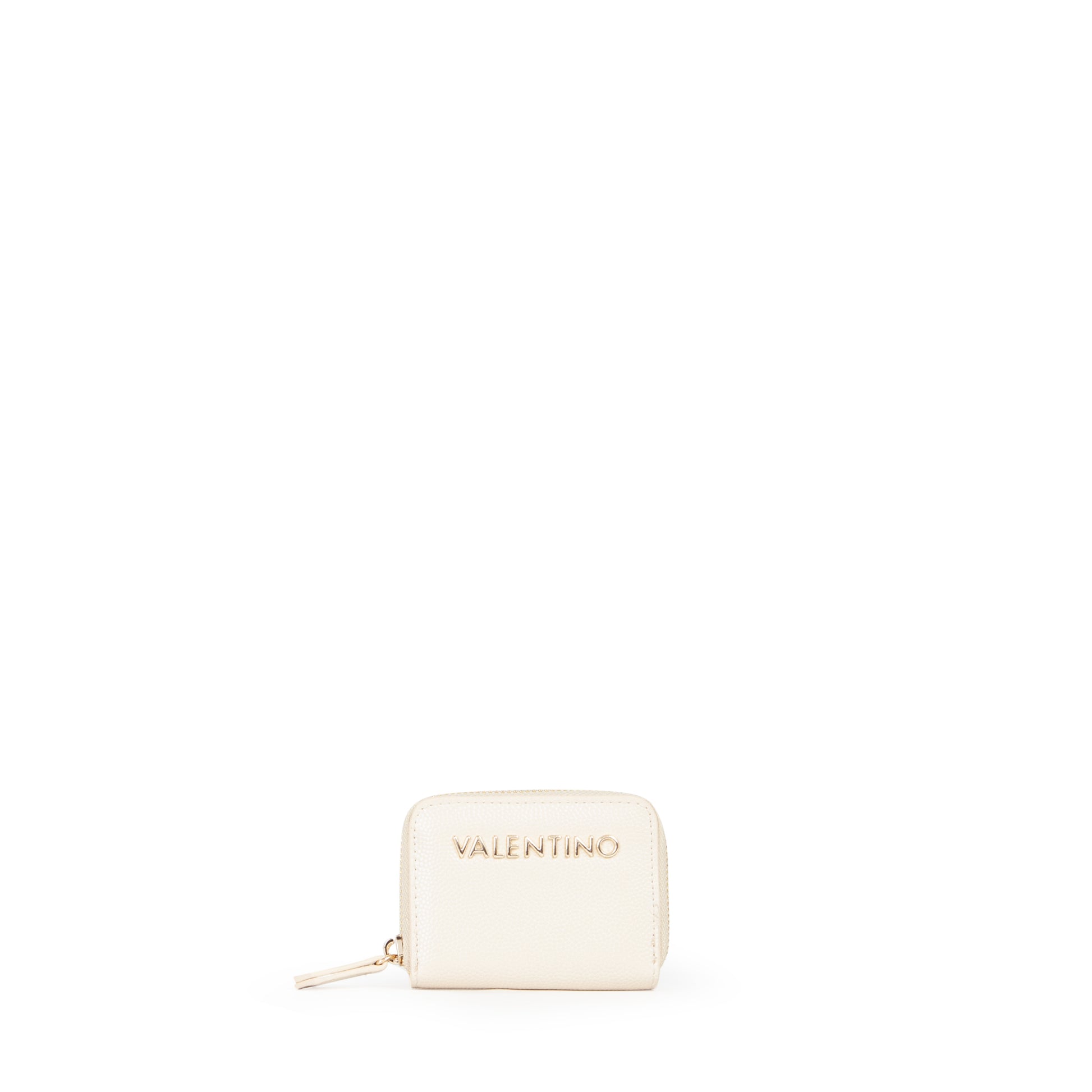 Portefeuille femme zippé beige doré lettres métal