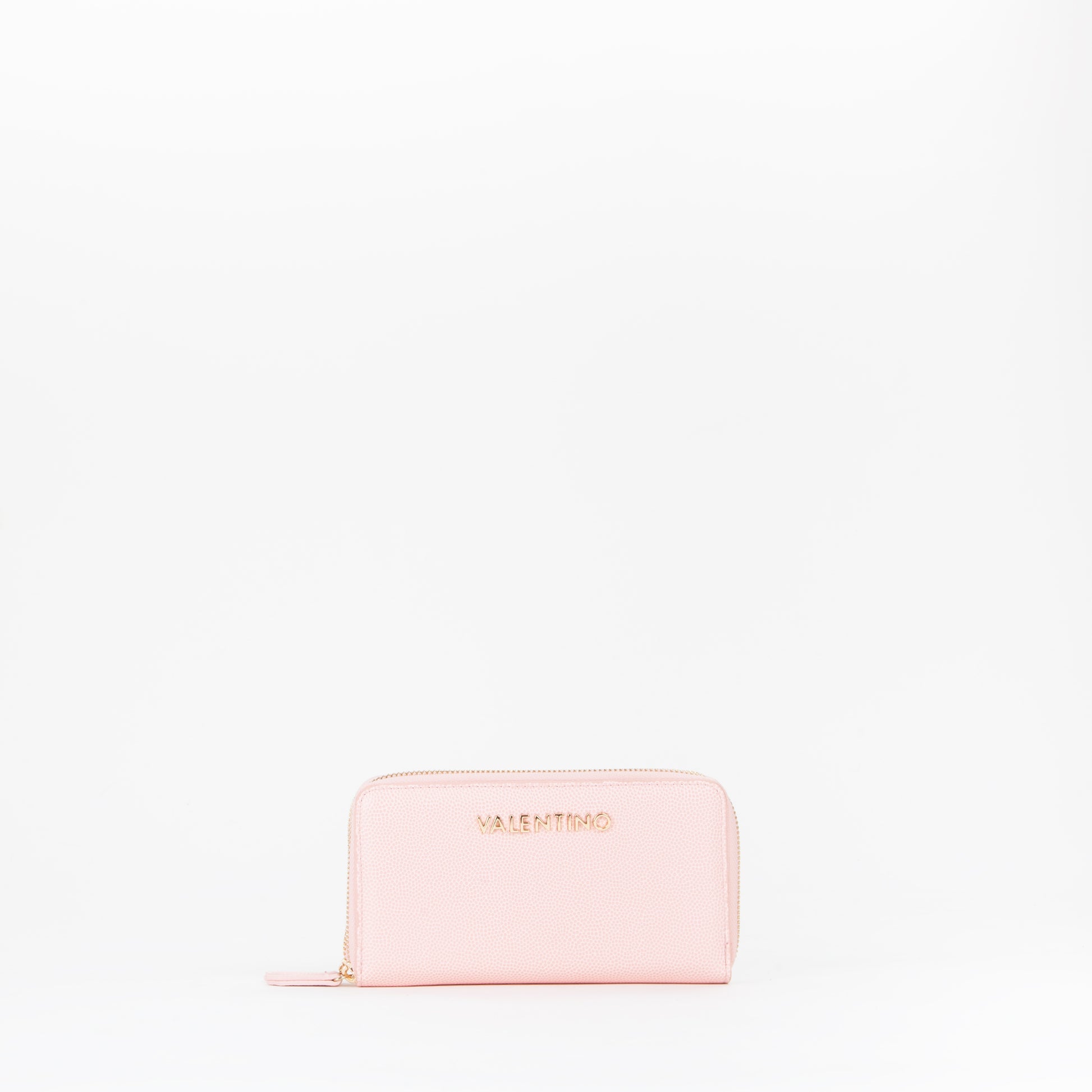 Portefeuille femme zippé grain rose poudré touches dorées