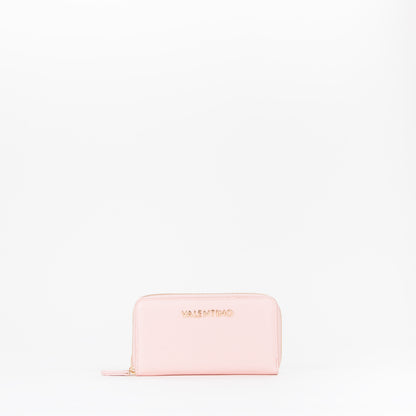 Portefeuille femme zippé grain rose poudré touches dorées