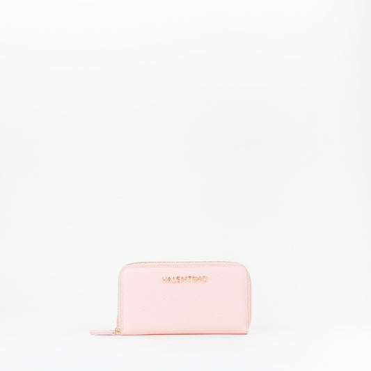 Portefeuille femme zippé grain rose poudré touches dorées