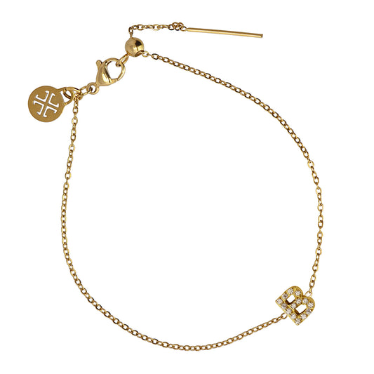 Bracelet femme acier doré lettre B zirconia ajustable