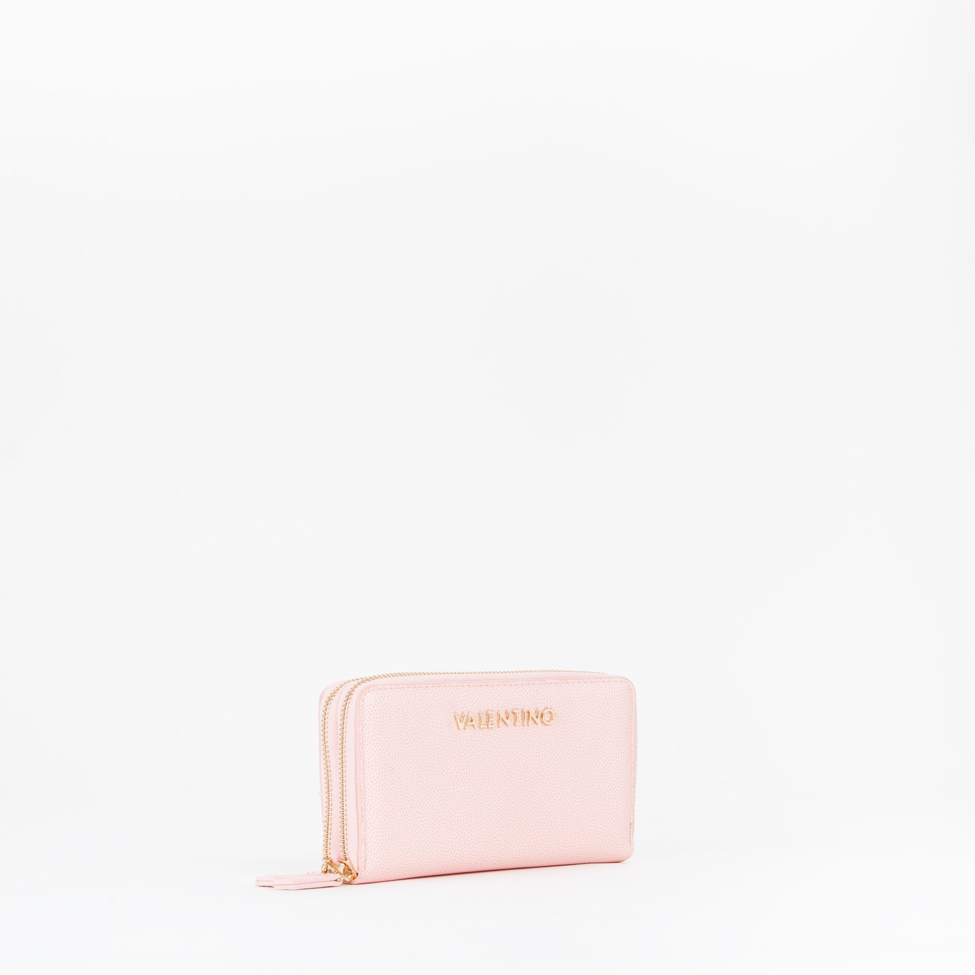 Portefeuille femme zippé grain rose poudré touches dorées