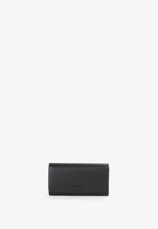 Portefeuille femme cuir grainé noir fermeture rabat