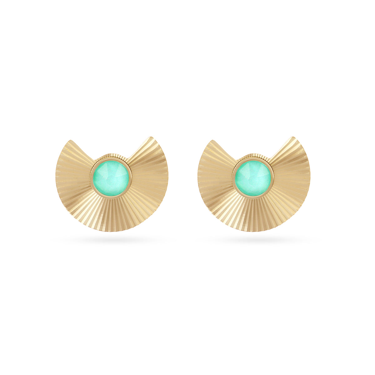 Boucles d'oreilles femme acier doré pierre verte éventail