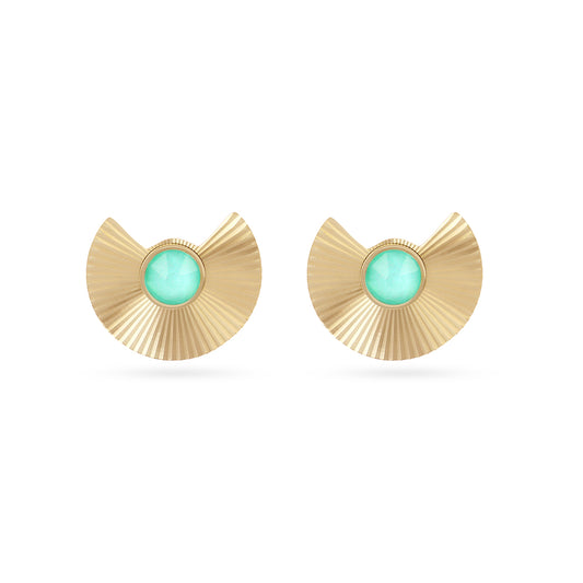 Boucles d'oreilles femme acier doré pierre verte éventail