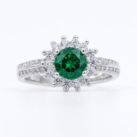 Bague femme argent rhodié émeraude synthétique et zirconias