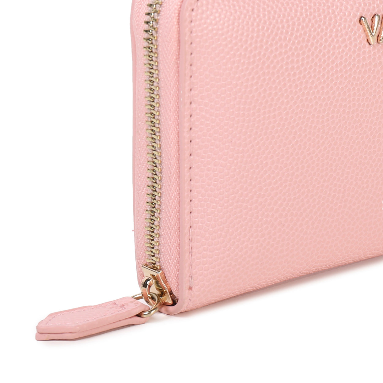 Portefeuille femme zippé rose poudré grainé Valentino