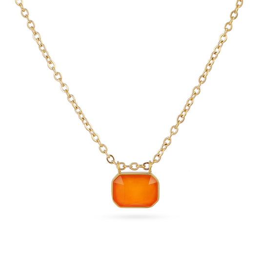 Collier femme acier doré pierre synthétique orange